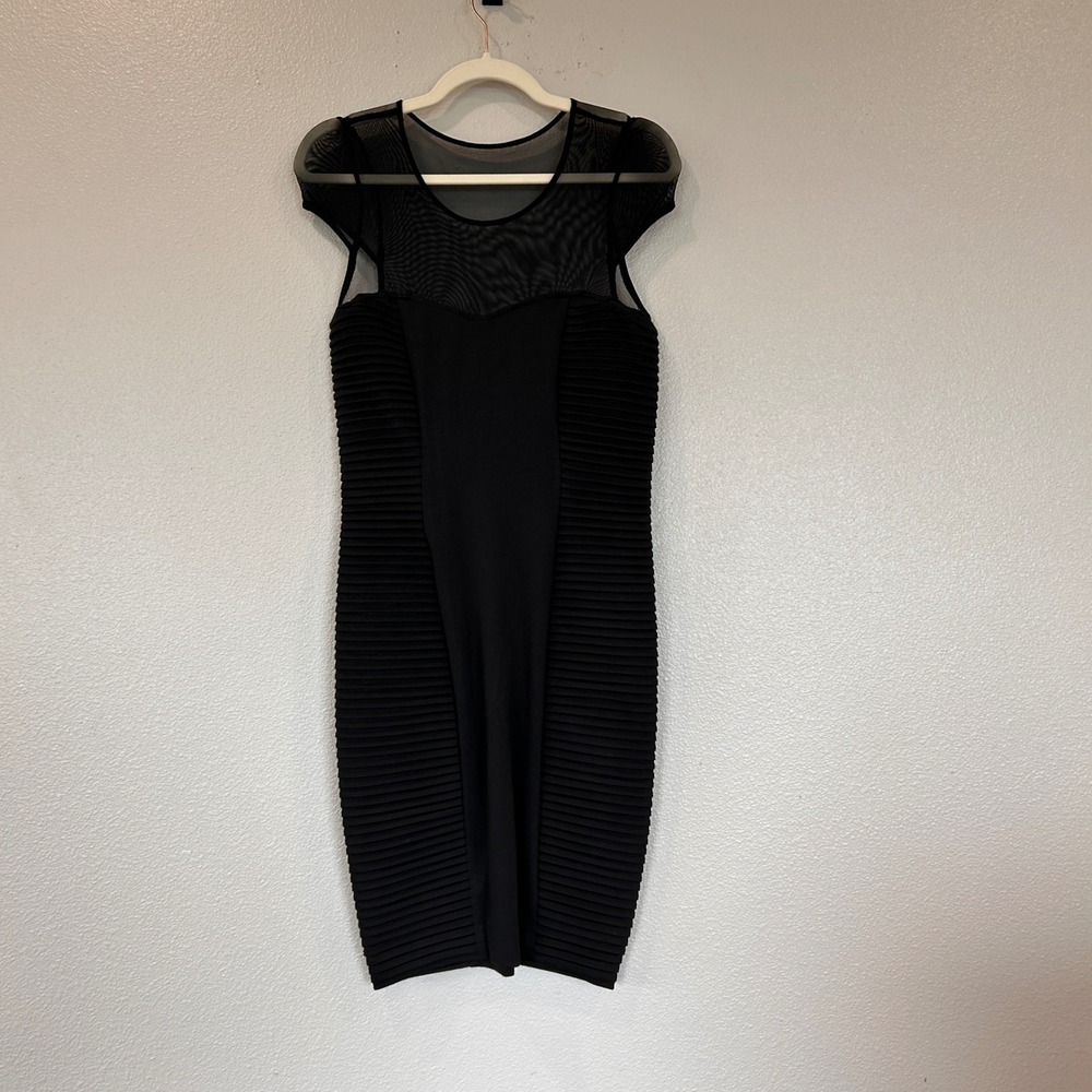The Limited Black Illusion Mesh Cap Sleeve Ribbed Bodycon Dress S 314-8897-150
